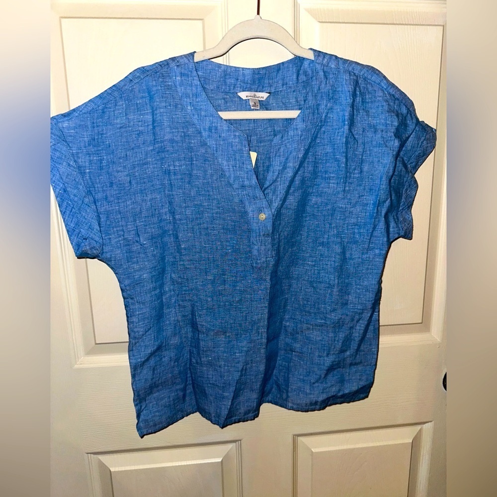 L.L. Bean Signature Blue Linen split neck Boxy Short Sleeve Blouse S NWT summer